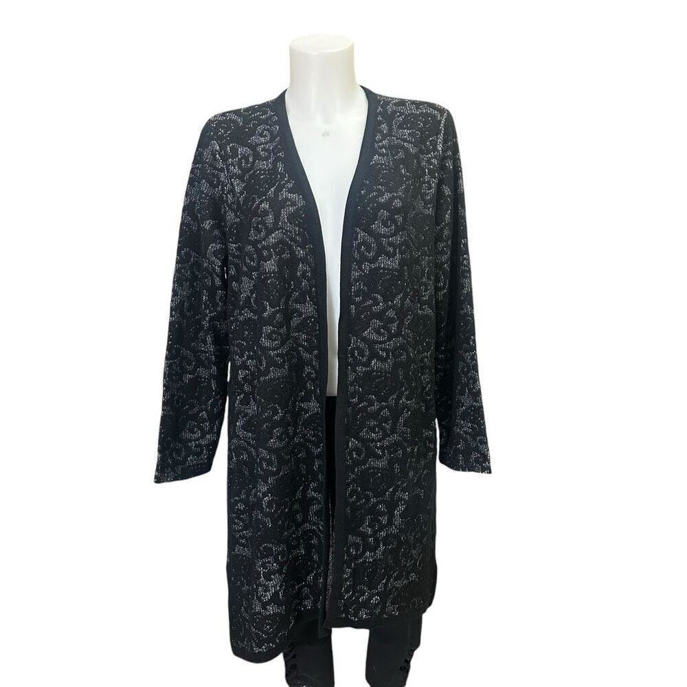 Chico’s Black Silver Metallic Brocade Wool Blend‎ Open Front Midi Cardigan sz M
